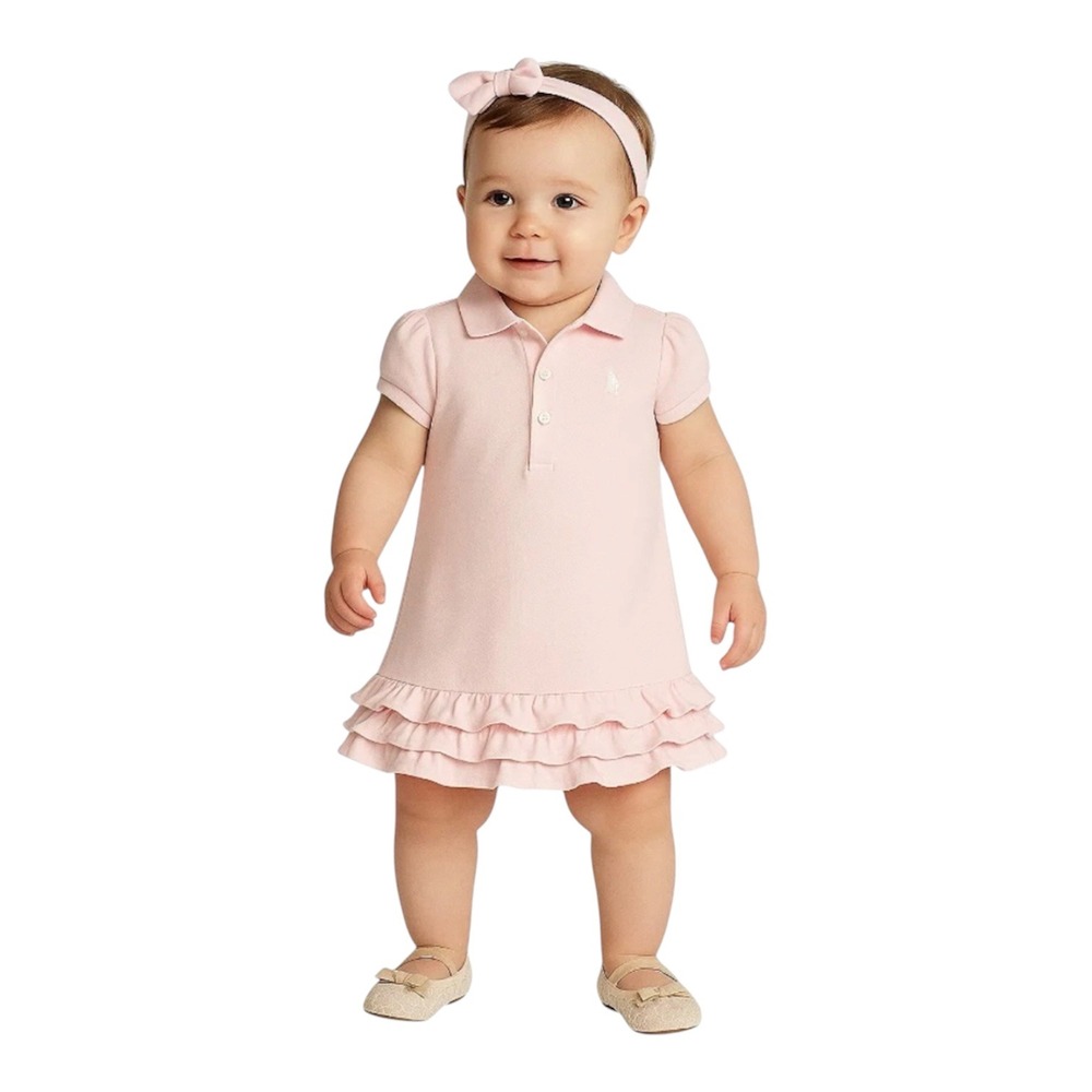 Ralph Lauren Polo Dress Girls 18M Pink Ruffle Hem Knit Short Sleeve